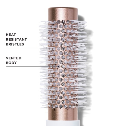 Diagram of a cylindrical object with heat resistant bristles and a vented body for hair styling or cleaning.