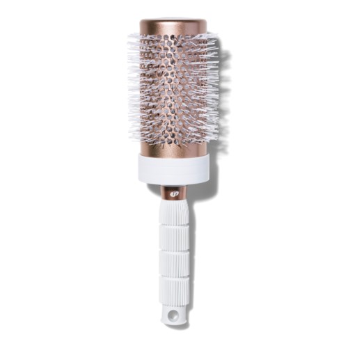 A round hairbrush with a pink and white handle, metal bristles, and a white grip.