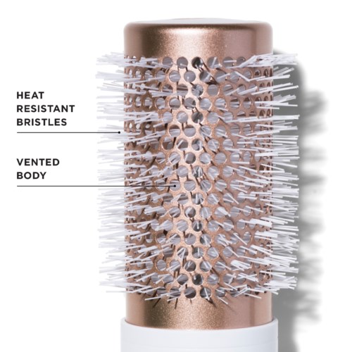 A cylindrical brush with heat-resistant bristles and a vented body, designed for hair or cleaning.