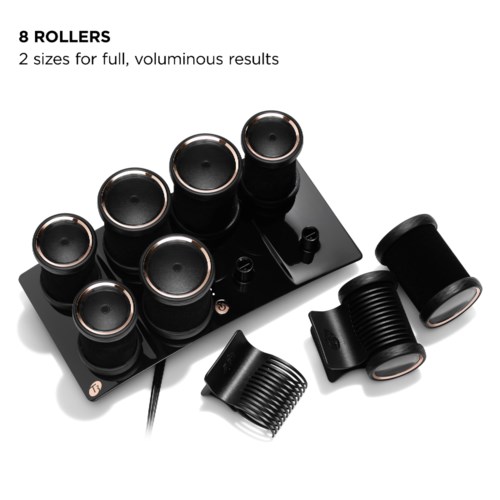 A black roller set with eight rollers, two sizes, on a black stand with a cord. An additional roller and combs are nearby.