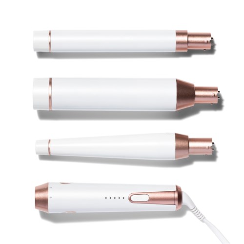 Four white and pink beauty tools, possibly for facial or skincare treatment, with different shapes and sizes.