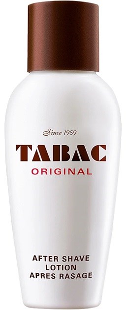 White bottle with brown cap, labeled as after shave lotion by Tabac, established in 1959.
