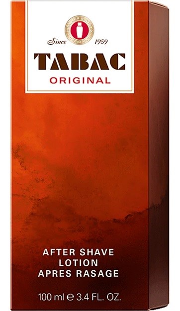 A box of Tabac Original after shave lotion with a red and orange design and text in the middle.