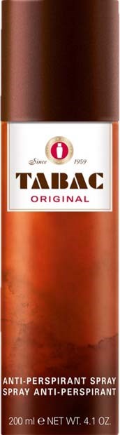 A tall spray can of Tabac Original anti-perspirant, brown and white label, 200 ml size.