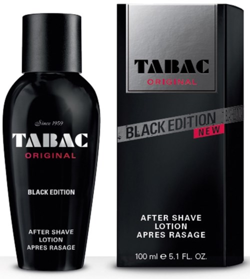 A black bottle and box of Tabac Original Black Edition after shave lotion, with pink and grey accents.