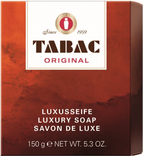 A soap box with brown and orange colors, labeled 'Tabac Original Luxury Soap' and weight details.