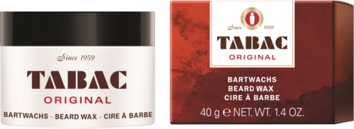 A jar of beard wax and its box, both labeled "Tabac Original" for grooming. The box is red and white.
