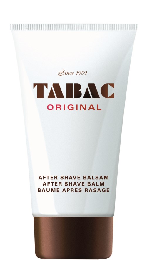 A white tube with brown cap labeled 'Tabac Original' for after shave balm. It has text in different languages.