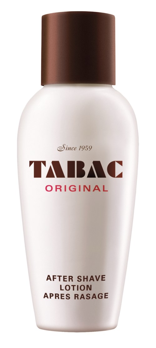 A white bottle with a brown cap labeled 'TABAC Original' for after-shave lotion. Text says 'Since 1959'.