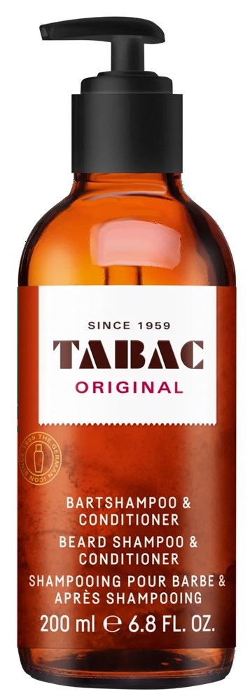 A brown bottle with a pump labeled Tabac Original beard shampoo and conditioner, 200 ml.