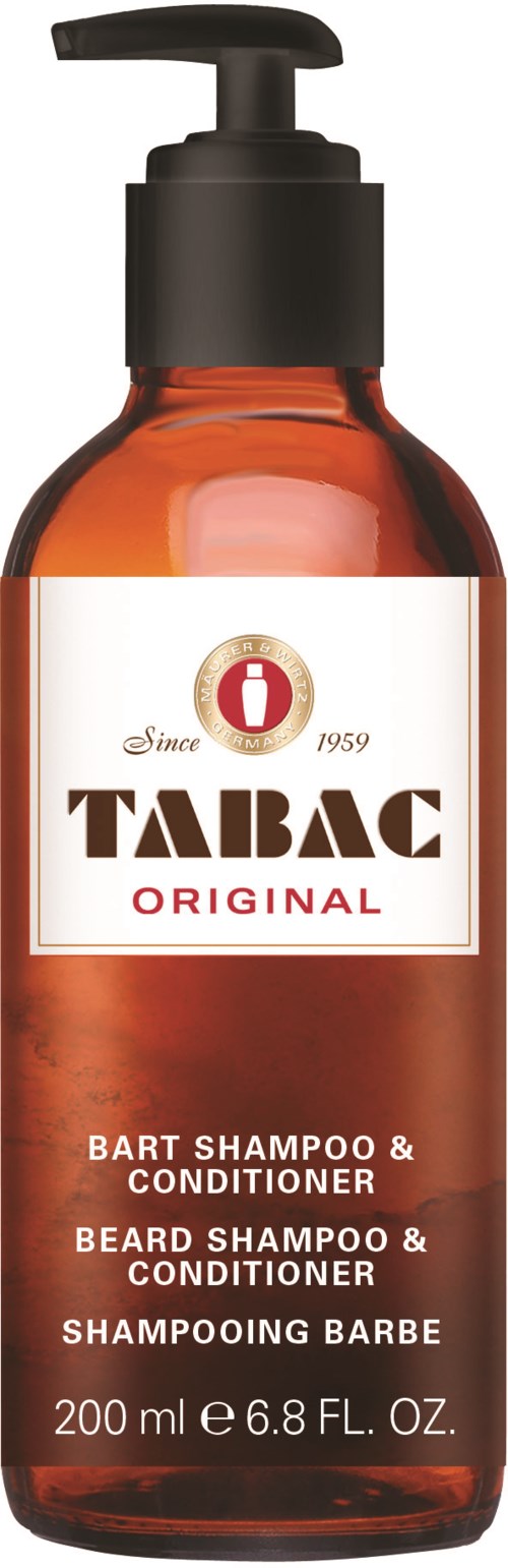 Ruskea pullo Tabac Original partashampoo ja hoitoaineella, pumpun kanssa.