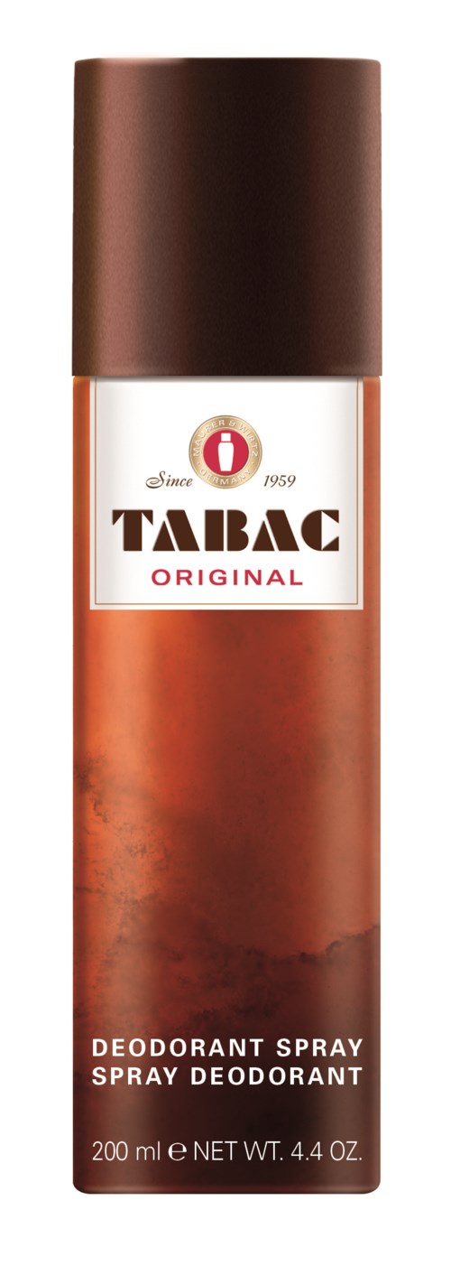 A brown spray can with a white label and red lettering, labeled 'Tabac Original' deodorant spray, 200ml.
