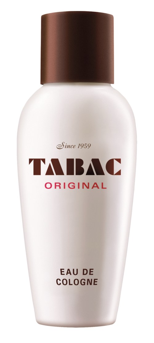 A white bottle with a brown cap, labeled 'TABAC ORIGINAL Eau de Cologne,' from 1959.