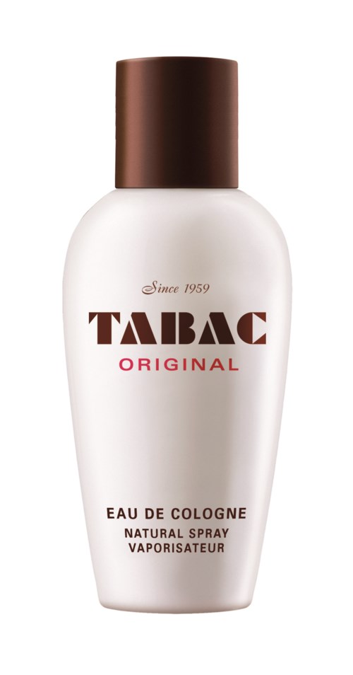 A bottle of TABAC Original cologne with a brown cap and white body, labeled as natural spray since 1959.