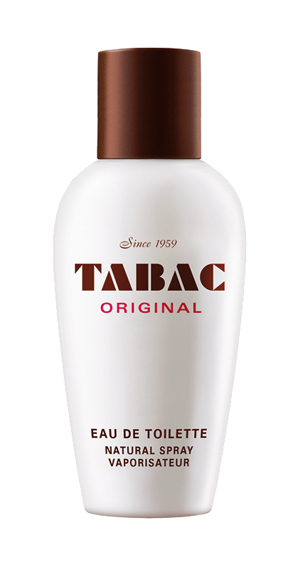 A white bottle with a brown cap, labeled Tabac Original Eau de Toilette, a natural spray.
