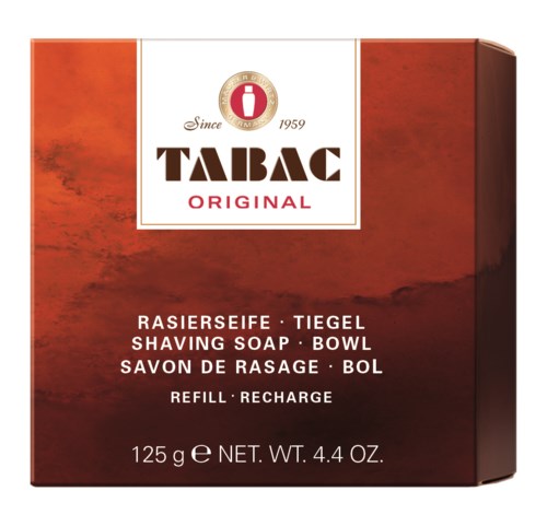 A box of Tabac Original shaving soap with a red, orange, and brown design, containing 125g of soap.