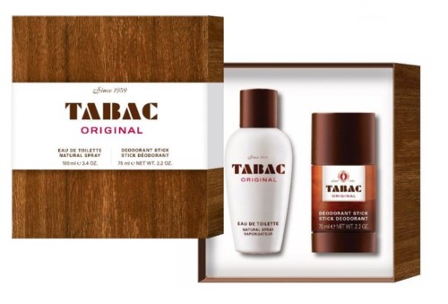 A gift set includes a white bottle and a brown deodorant stick with Tabac Original logo, in a wooden box.