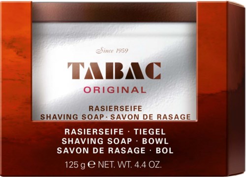 The packaging shows a box of Tabac Original shaving soap, dark brown and red, with text in multiple languages, weighing 125 grams.