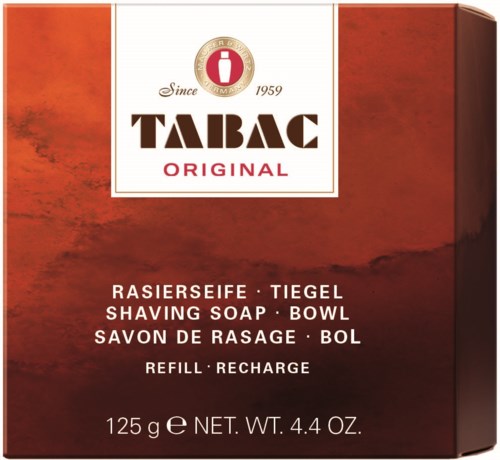 A box of Tabac Original shaving soap with product details in multiple languages and net weight.