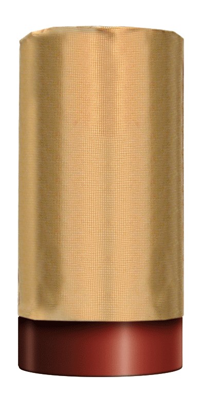 A gold-colored cylindrical object with a dark brown base, possibly a container or decorative item.