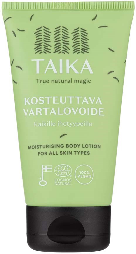 Groene lotion tube met zwarte dop, tekst over natuurlijke ingrediënten en vegan, geschikt voor alle huidtypes.