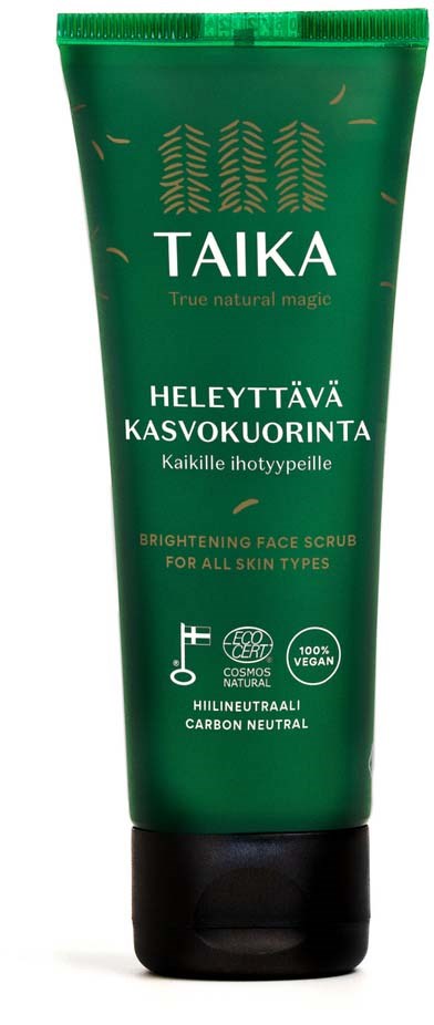 Groene tube gezichts scrub van merk TAIKA, natuurlijke ingrediënten, voor alle huidtypes, veganistisch, milieuvriendelijk.