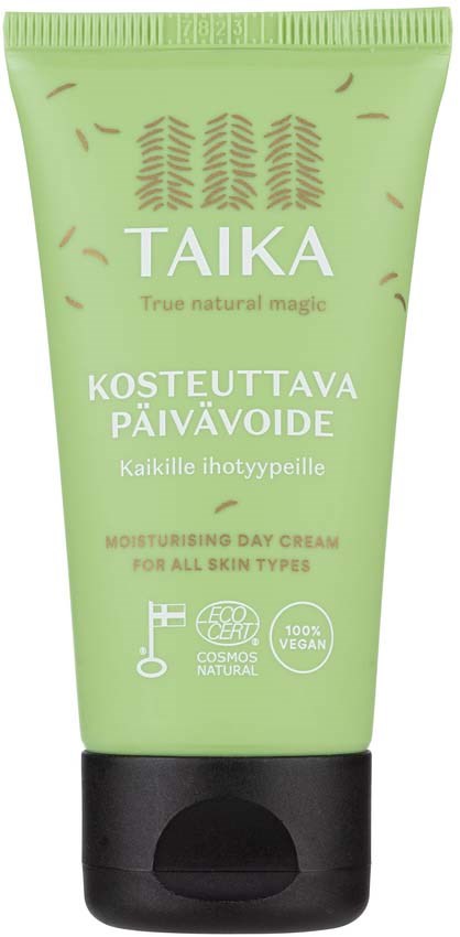 Een groene tube met hydraterende dagcrème voor alle huidtypes met natuurlijke ingrediënten en milieuvriendelijke symbolen.
