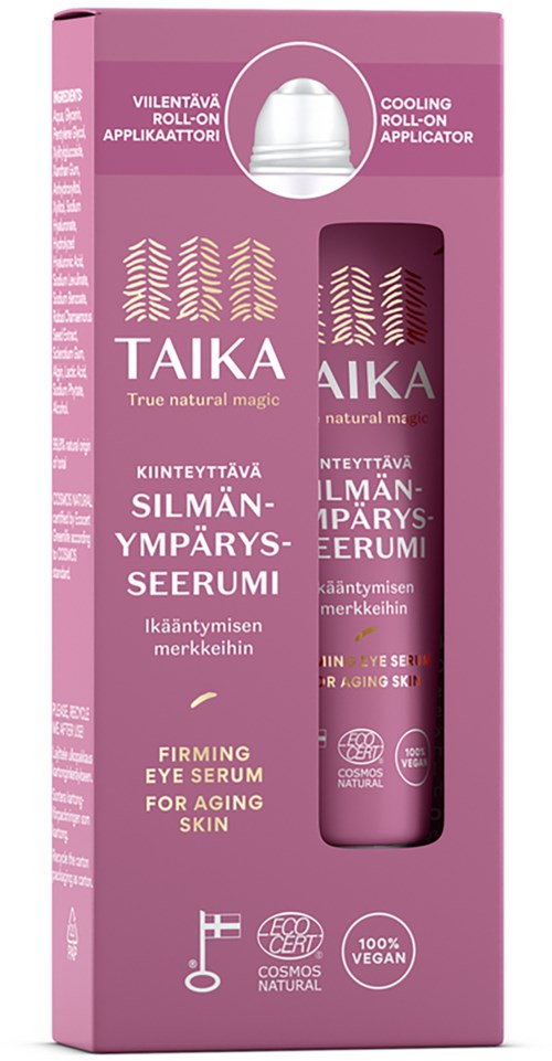 Roze doos met een roze tube oogserum voor rijpere huid met natuurlijke ingrediënten en vegan certificering.