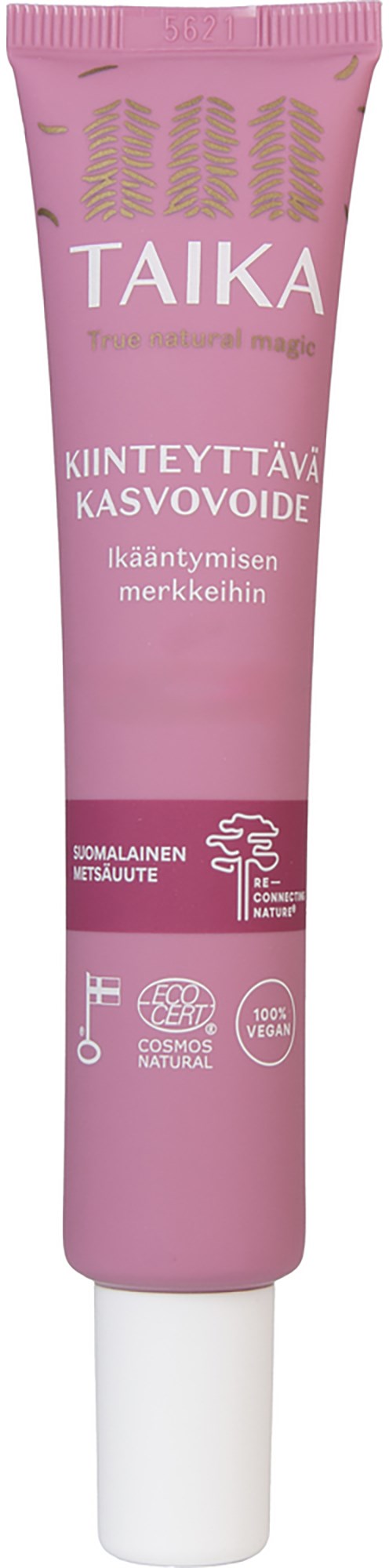 Roze tube met Taika gezichtscrème met natuurlijke ingrediënten en vegan certificering.