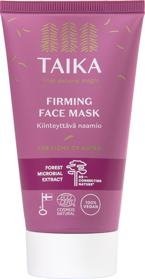 A purple tube of Taika firming face mask for signs of aging, with gold and white text and icons.