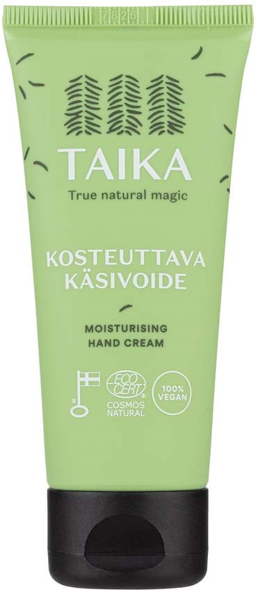 Groene tube met hydraterende handcrème van Taika, met natuurlijke ingrediënten en vegan-symbolen.