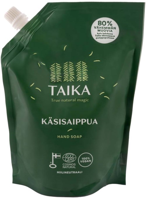 Een groene verpakking met een witte dop, gemarkeerd als handzeep met milieucertificeringen.