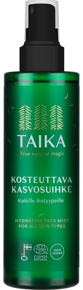 Groene sprayfles met Taika, hydraterende gezichtsmist voor alle huidtypes, natuurlijke ingrediënten, veganistisch, milieuvriendelijk.