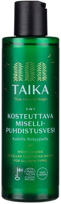 Een groene fles met huidverzorgingsproduct en zwarte dop, geschikt voor alle huidtypes.