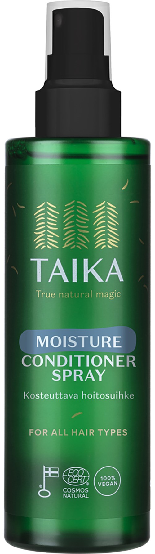 En grön sprayflaska märkt Taika Moisture Conditioner för alla hårtyper.