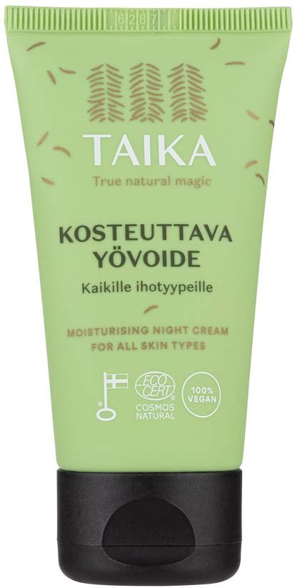 Groene tube nachtcrème met zwarte dop, gemarkeerd 'TAIKA', voor alle huidtypes, veganistisch, eco-gecertificeerd.