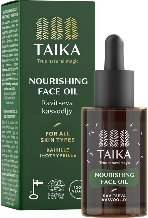 A green box and dark bottle with a dropper, promoting nourishing face oil for all skin types.