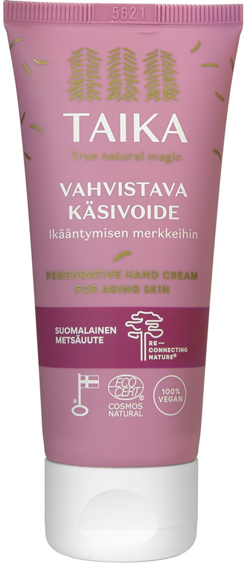 Roze tube met handcrème, getiteld Taika, met botanische en natuurlijke thema's, vegan en hydraterend.