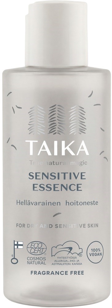 Läpinäkyvä taikahoidon herkälle iholle tarkoitettu essence-pullo, valkoinen kansi, hajusteeton ja vegaaninen.
