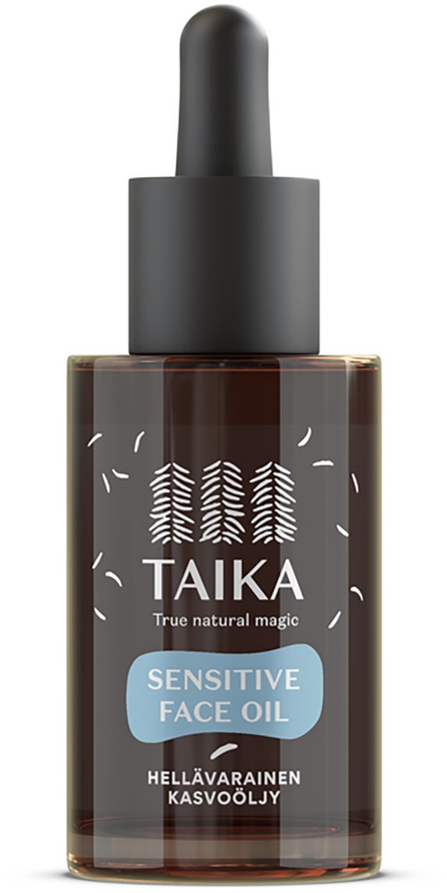 Donkere bruine fles met zwarte pipetdop, gelabeld 'TAIKA Sensitive Face Oil,' voor een gevoelige huid.