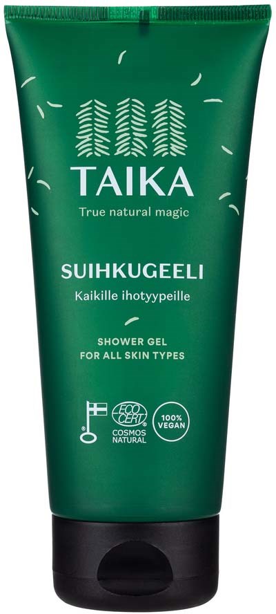 Groene tube met douchegel 'TAIKA', vegan, natuurlijk, voor alle huidtypes, met symbolen voor Finland en COSMOS.
