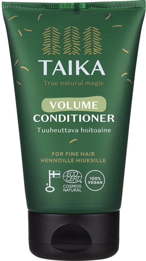 Grön flaska med Taika volymbalsam för fint hår, vegansk, naturliga ingredienser, miljöcertifierad och Cosmos natural.