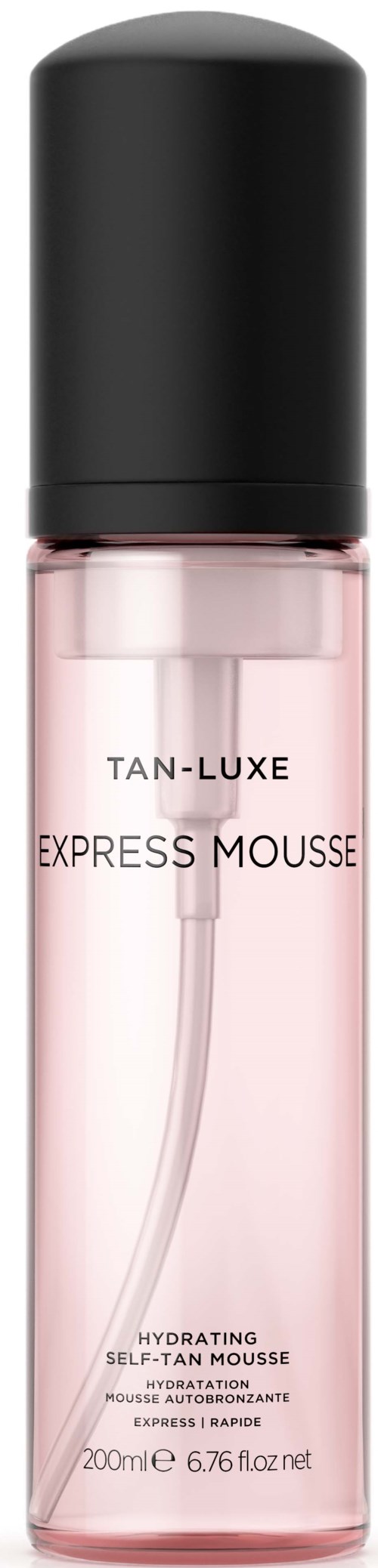 A pink spray bottle with a black cap, labeled 'Tan-Luxe Express Mousse' for self-tanning. It contains 200ml.