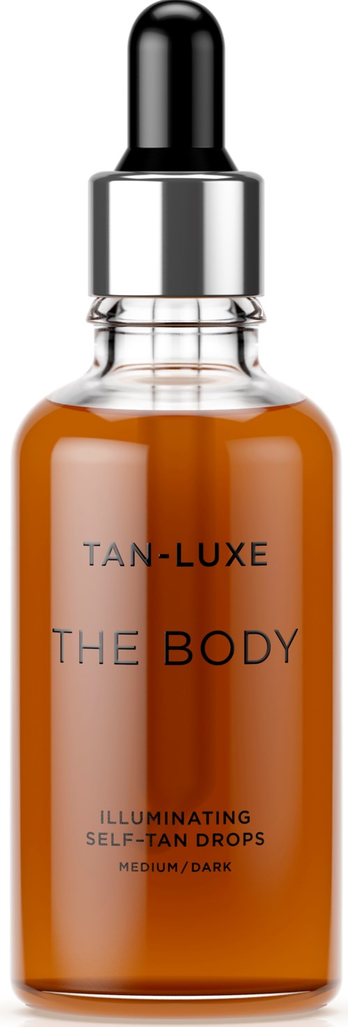A brown glass bottle with a dropper cap, labeled "The Body," containing illuminating self-tan drops. 