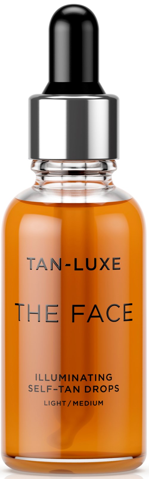 A small orange bottle with a dropper cap, labeled "TAN-LUXE THE FACE" and "ILLUMINATING SELF-TAN DROPS."