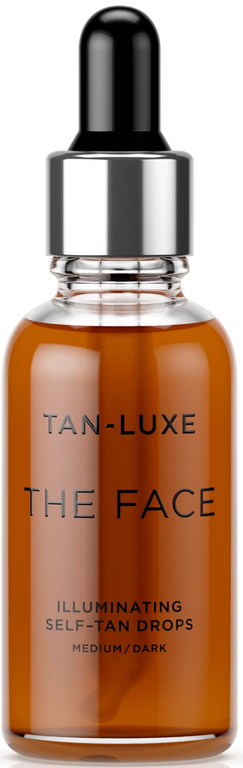 A small brown bottle with a black dropper cap, labeled 'TAN-LUXE THE FACE', for face tanning drops.
