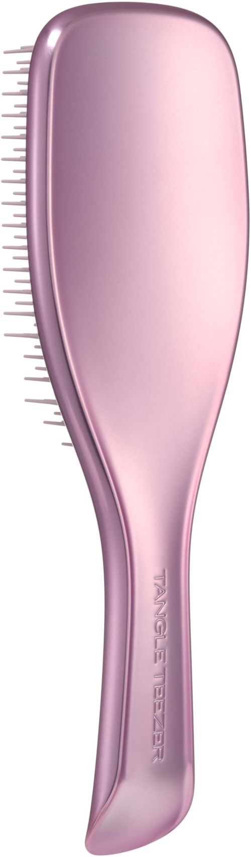 A pink hairbrush with a curved handle and fine bristles on one side.