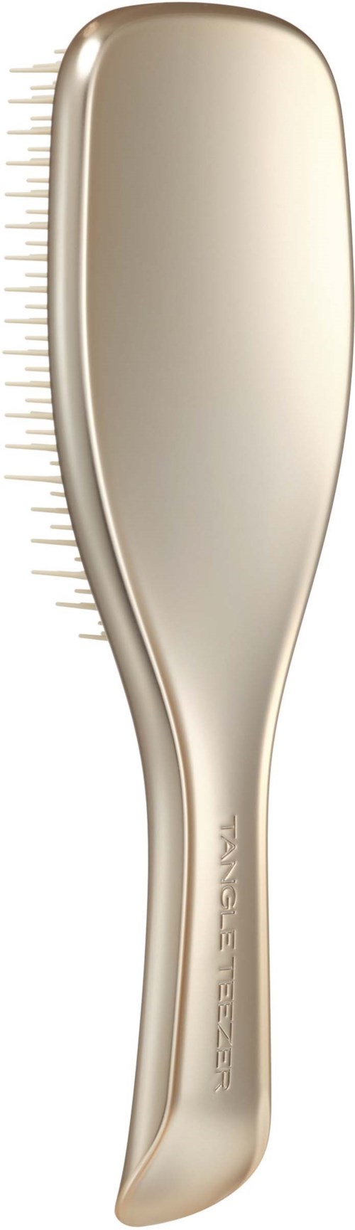 A beige hairbrush with a curved handle and straight bristles. It is simple and sleek in design.