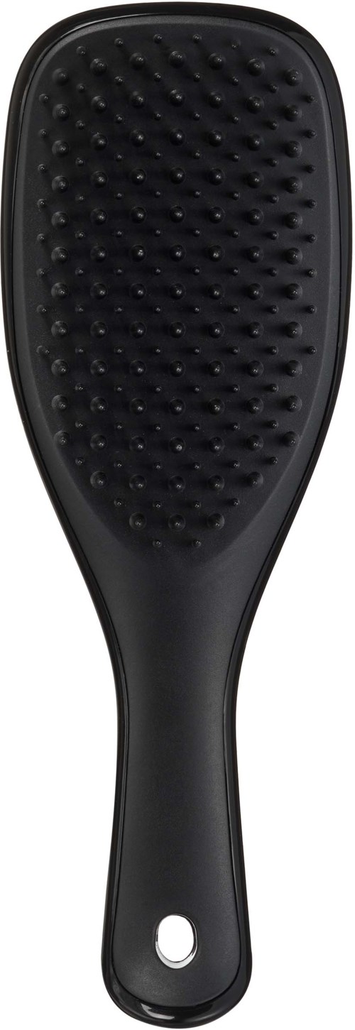 A black hairbrush with a long handle and soft rubber bristles.