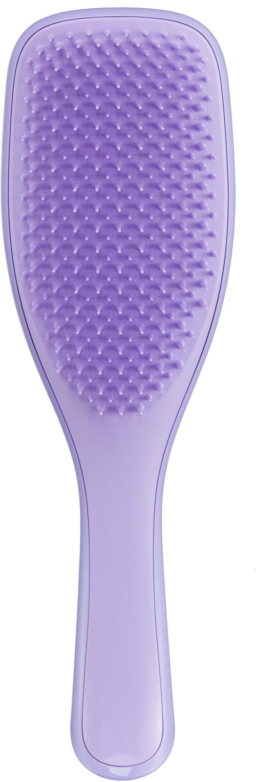 A purple hairbrush with a textured surface and a curved handle.
